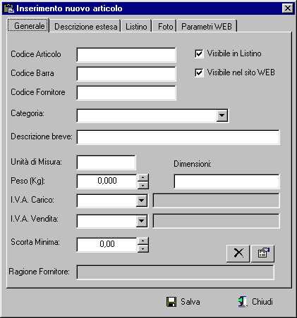 Finestra inserimento articolo
